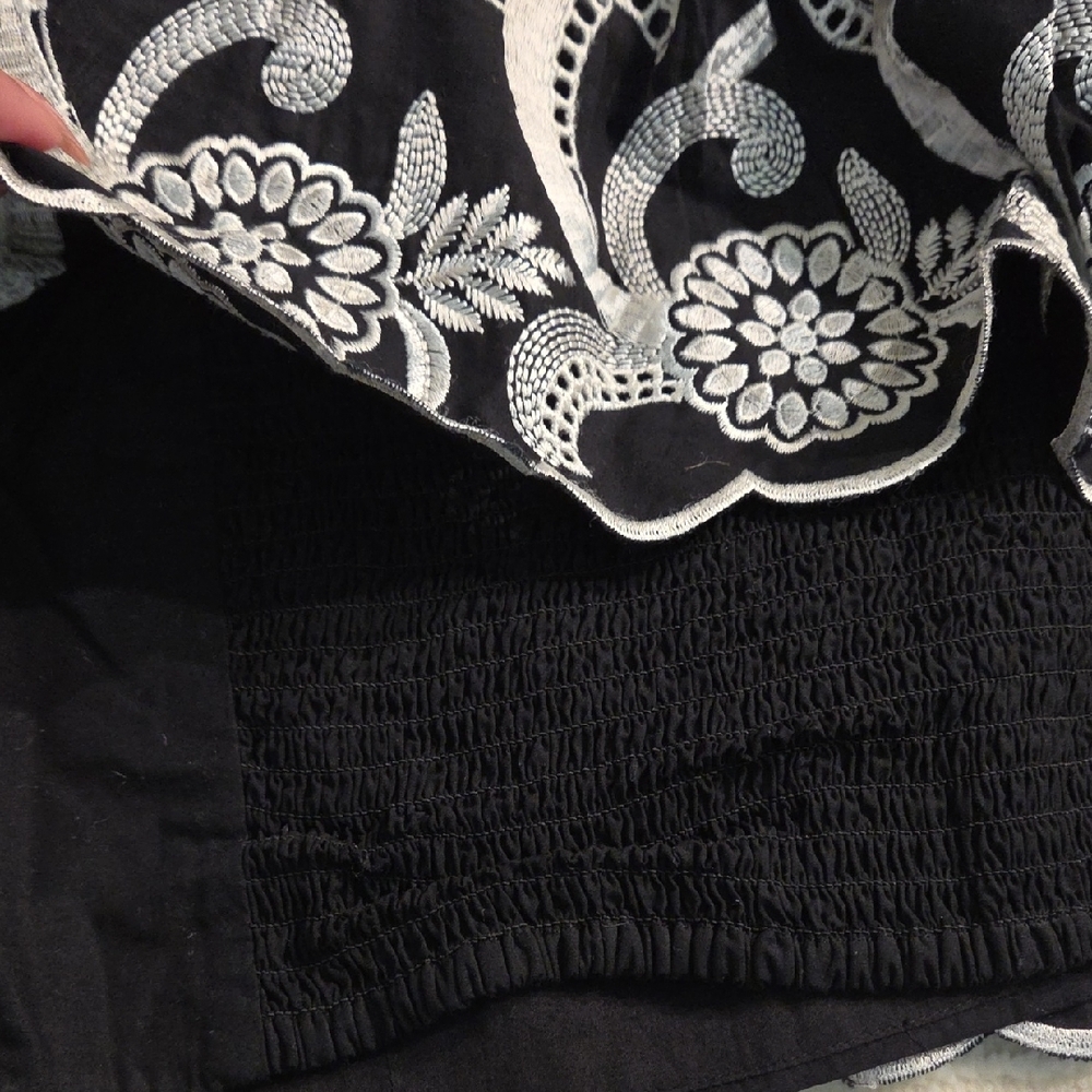 Express Black Off-Shoulder Embroidered Ruffle Crop Top - Picture 6 of 7
